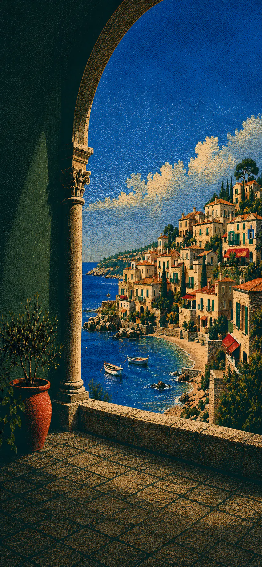 A shaded terrace with a potted olive tree and stone column, opening onto a Mediterranean village above a cobalt bay, portrait crop