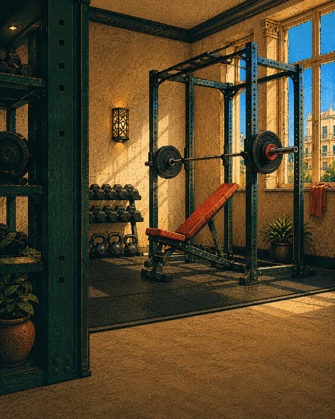 A sunlit free-weight gym opening onto an old-city view through an arched doorway