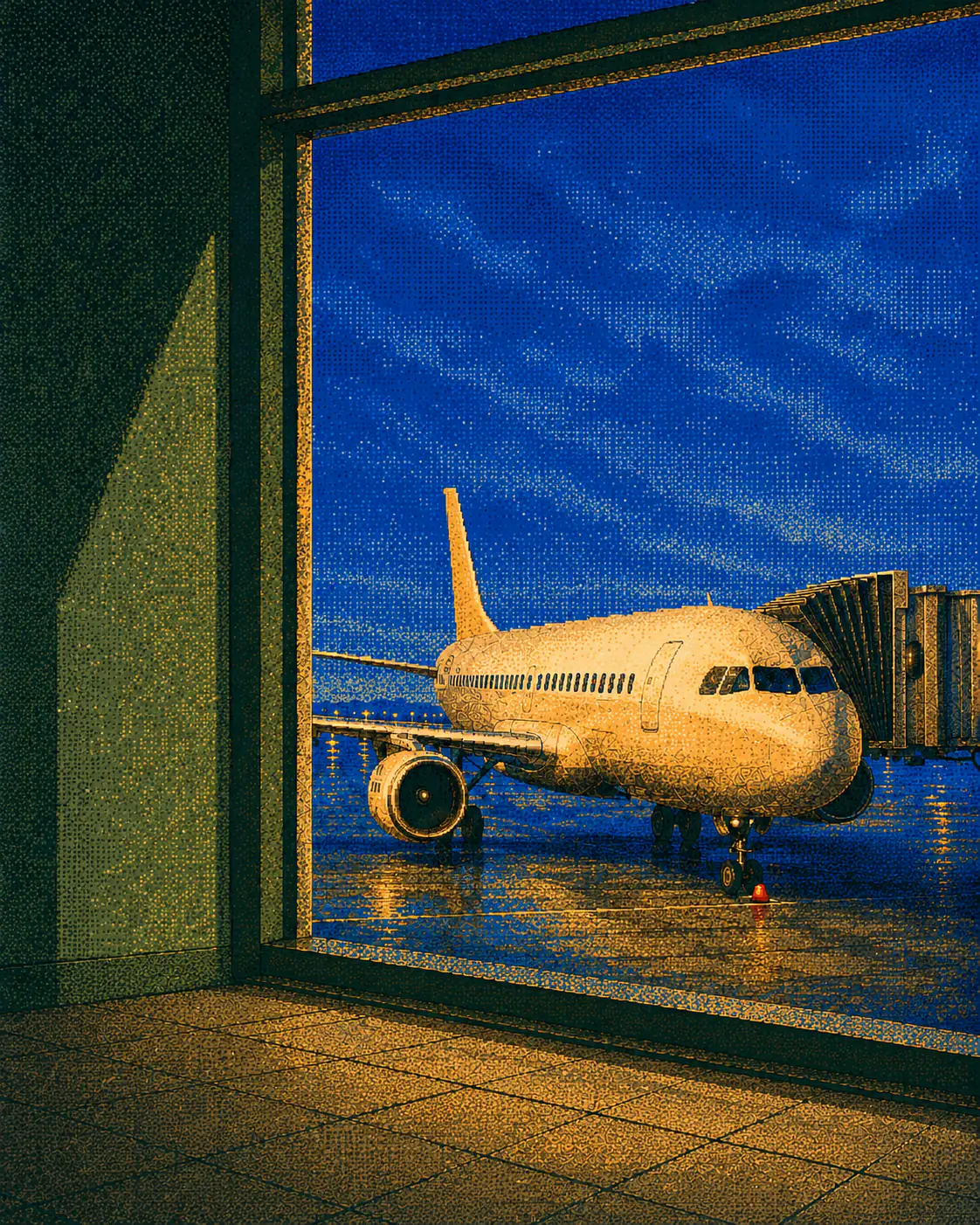 An aircraft at the gate at dusk, seen through a terminal window under a cobalt sky