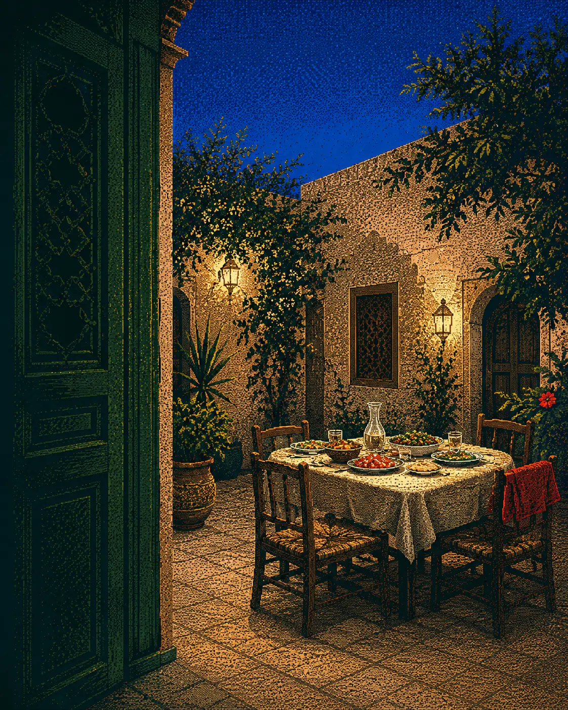 A set courtyard dinner table under a starlit night sky, lit by lanterns