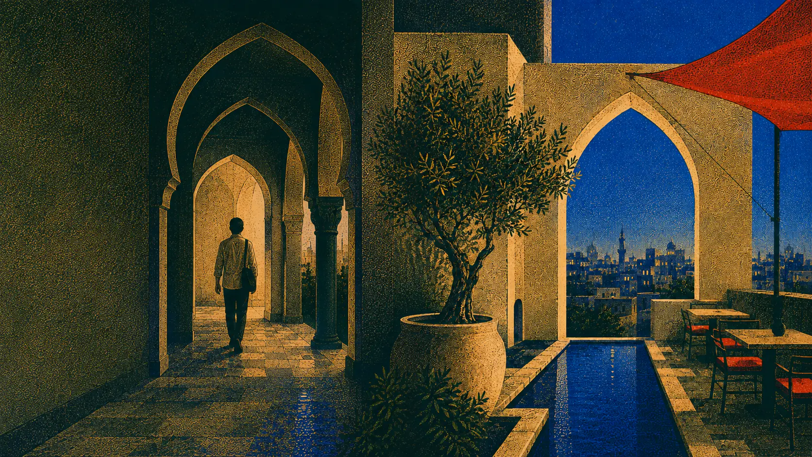 A lone traveler walking through a dark arched passage toward the same Cairo rooftop terrace
