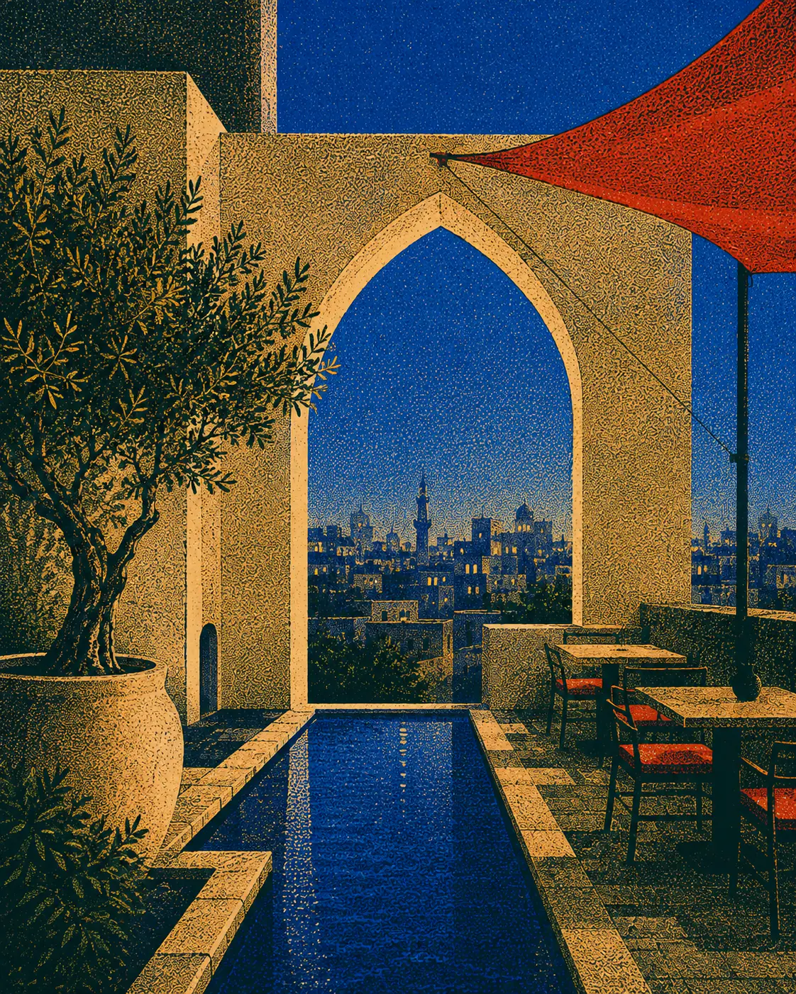 A Cairo rooftop terrace at dusk with a vermillion canopy, cobalt reflecting pool, pointed arch and olive tree